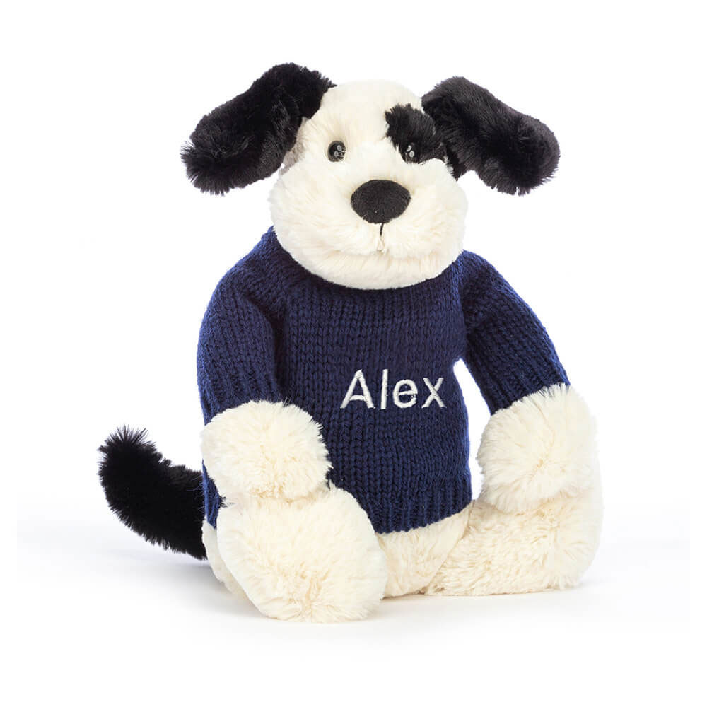 Bashful Rufferty Black & Cream Puppy with Personalised Navy Jumper