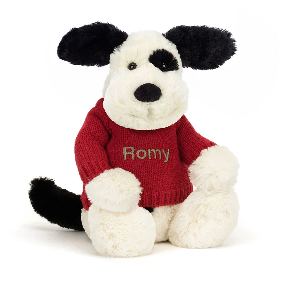Bashful Rufferty Black & Cream Puppy with Personalized Red Jumper